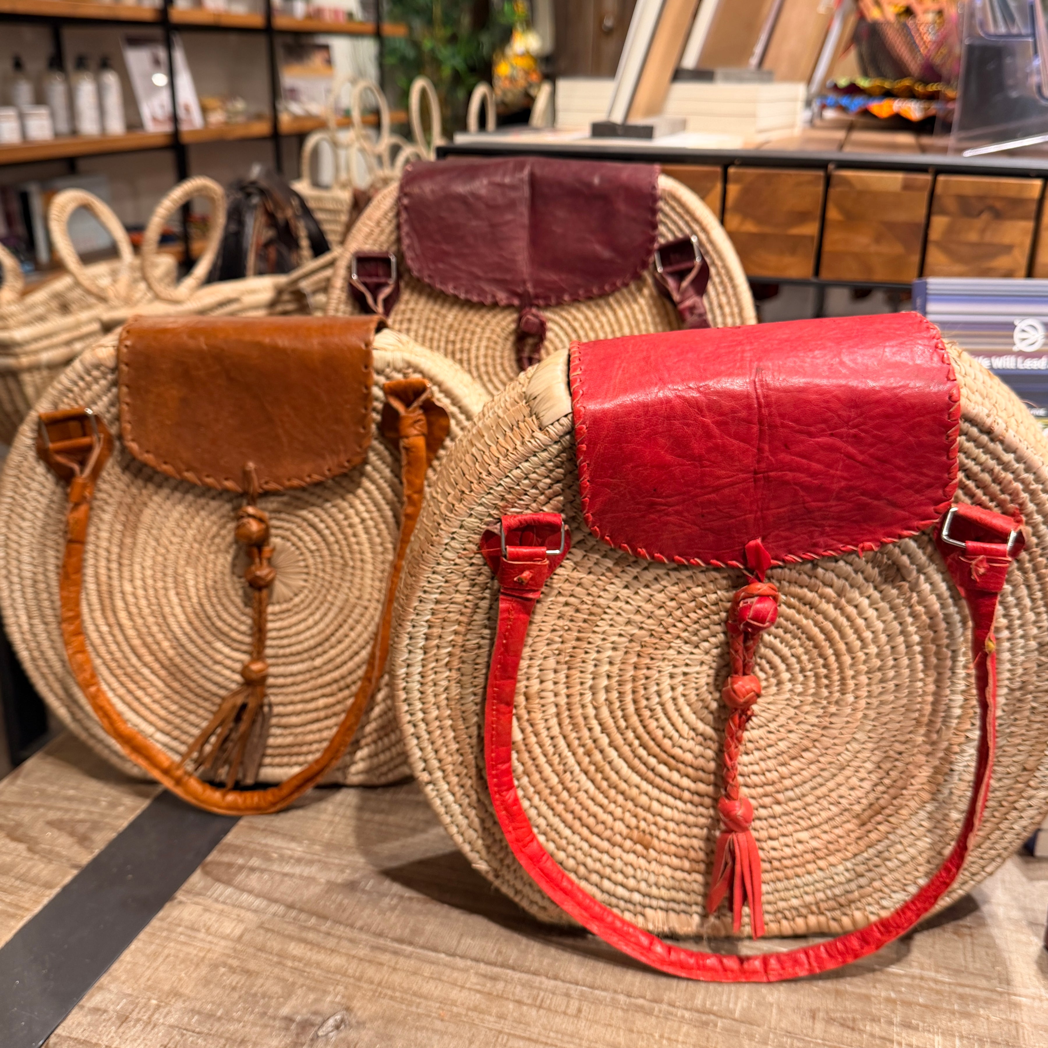 Leather Cover Raffia Bags
