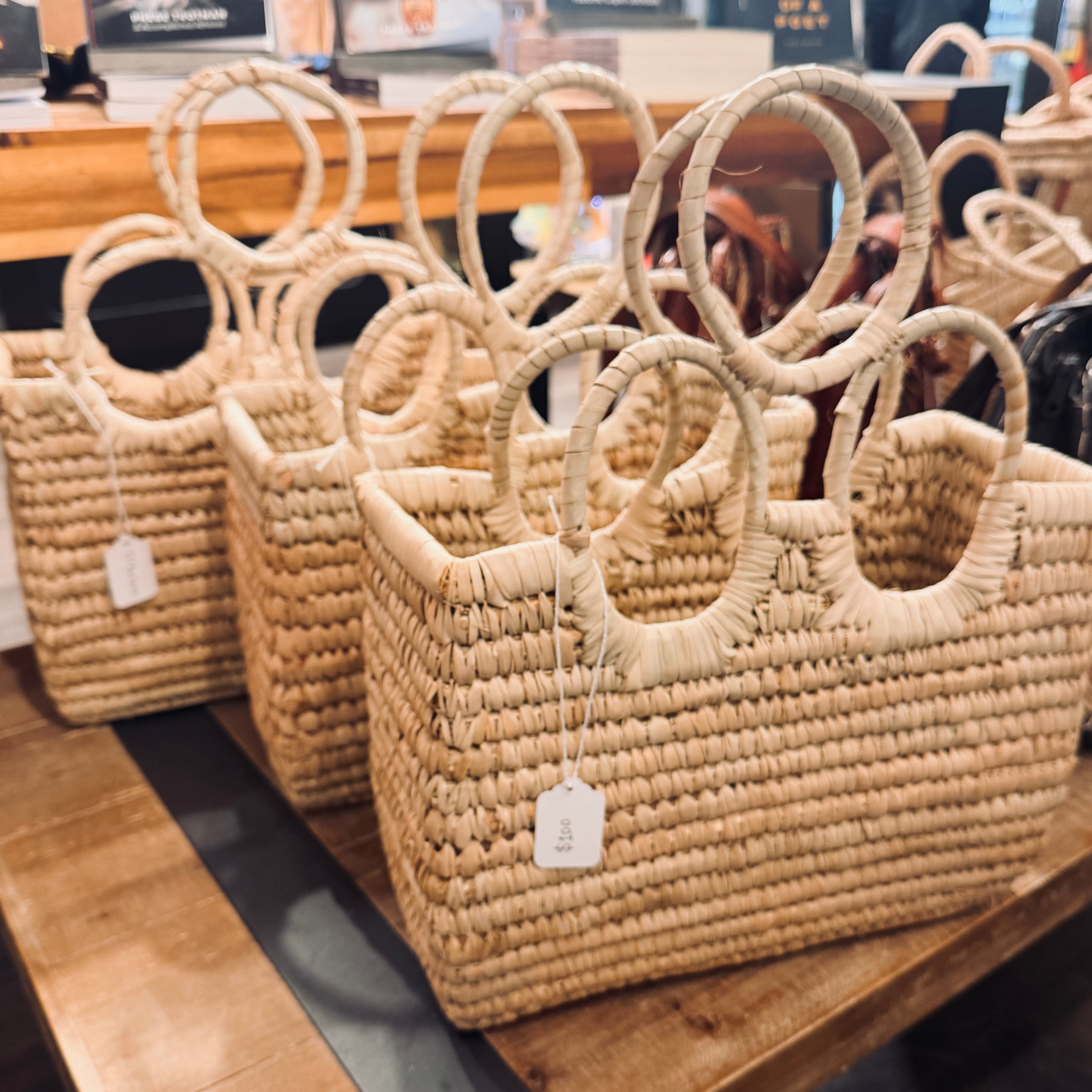 Tri-Handle Raffia Woven Bag